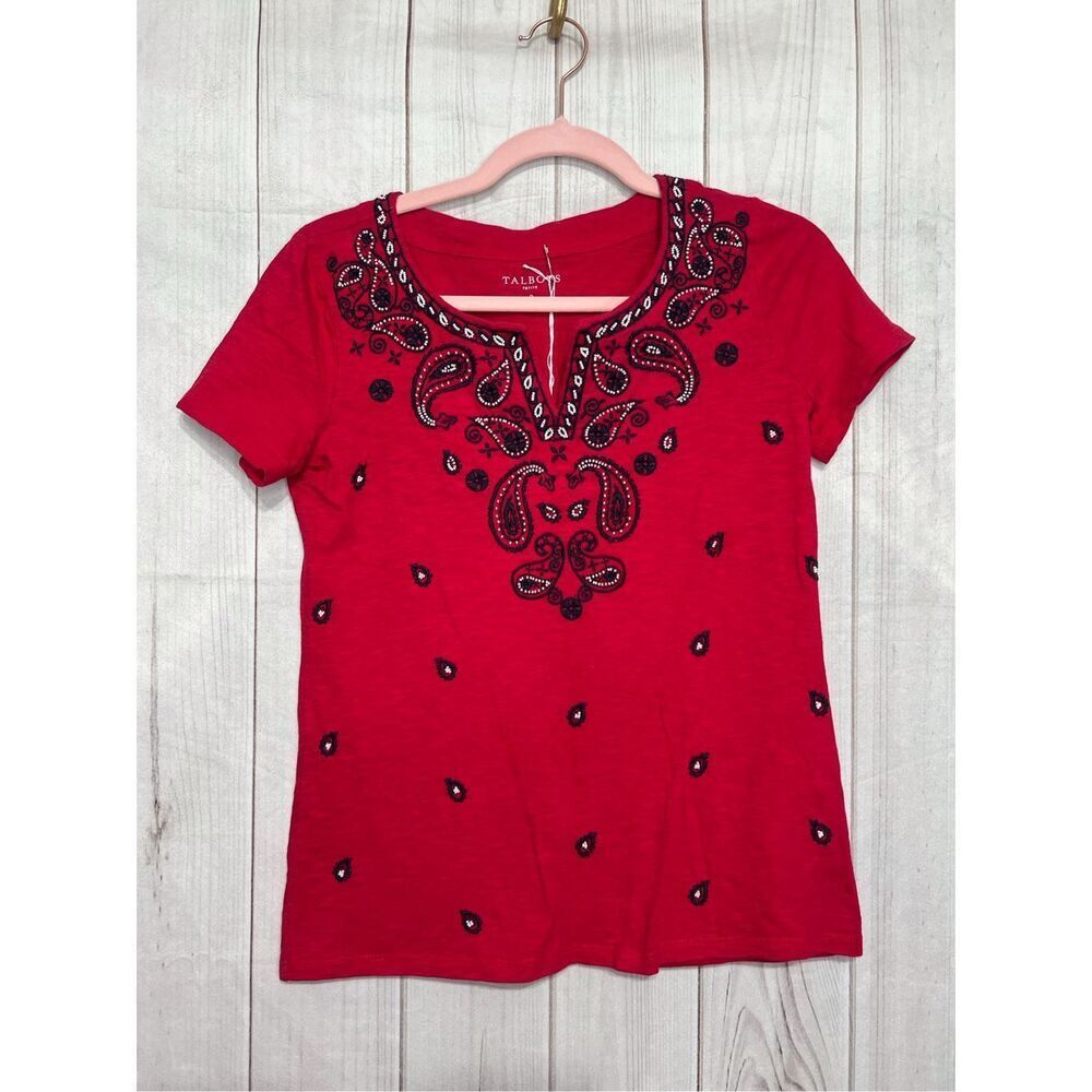 Talbots embroidered split neck red size P